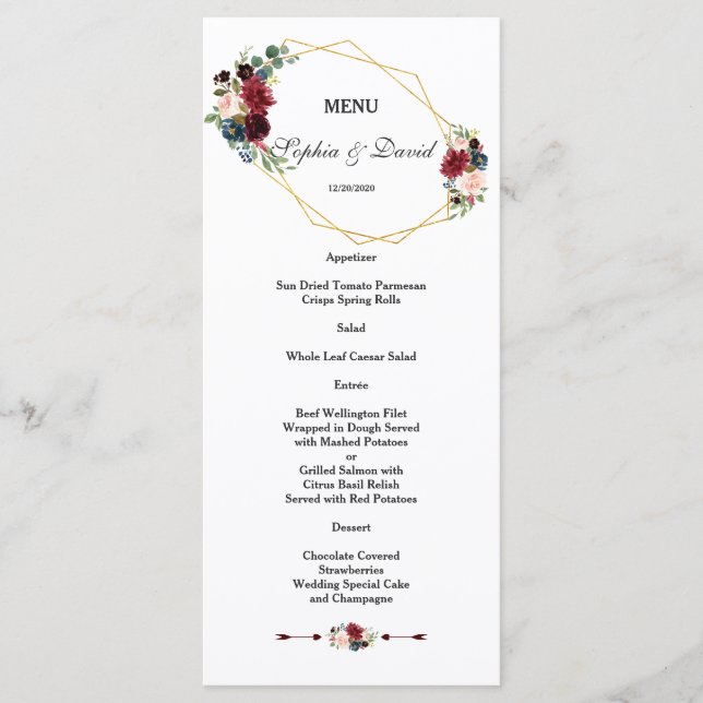 Menu de Casamento de Quadro Dourado Floral Verde V (Frente)