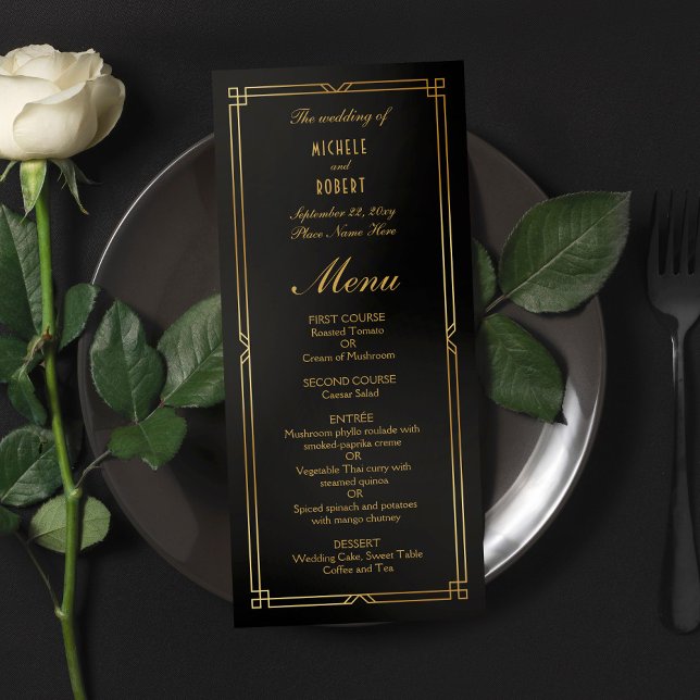 Menu de Casamento de Quadro Dourado Preto Elegante (Criador carregado)