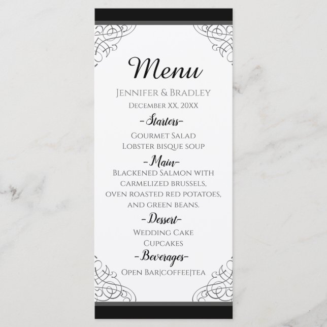 Menu de Casamento de Quadros de Vintagem Negra (Frente)