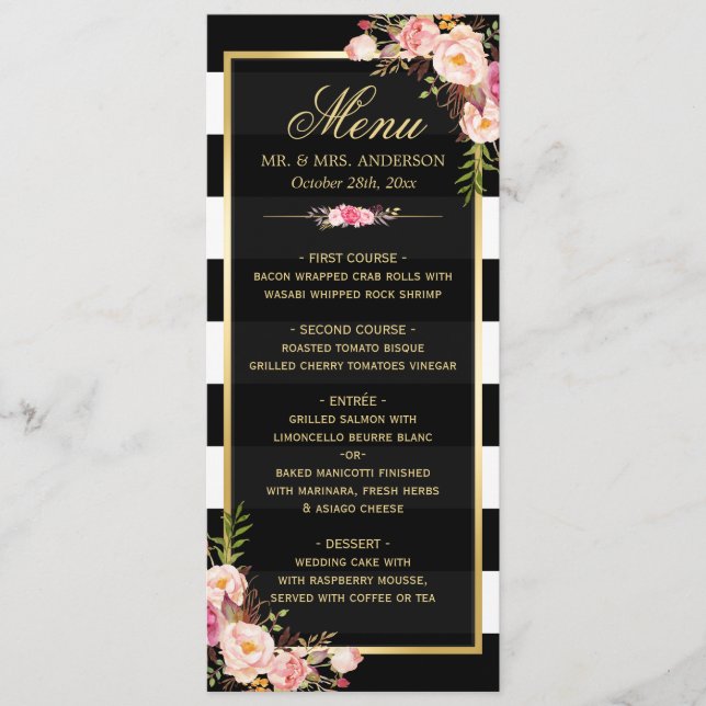 Menu de Casamento de Quadros Dourados com Faixa Fl (Frente)