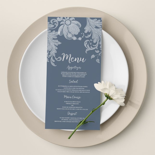 Menu de Casamento de rendas florais branco azul-ma (Simple mauve blue white floral lace Wedding Menu )