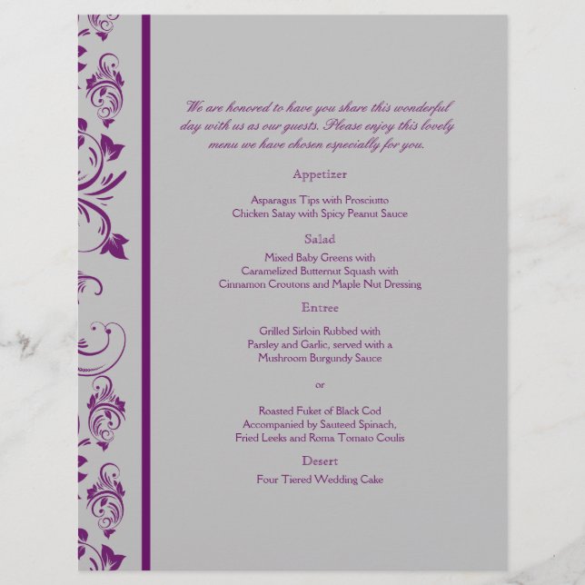 Menu de Casamento de Rolagem Floral Roxo e Prata (Frente)
