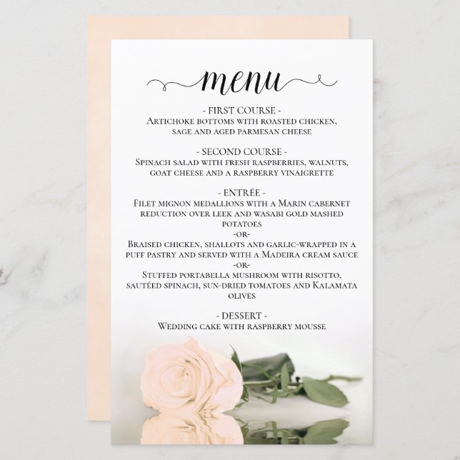 Menu de Casamento de Rosa de Orçamento de Ivory Pe (Frente/Verso)