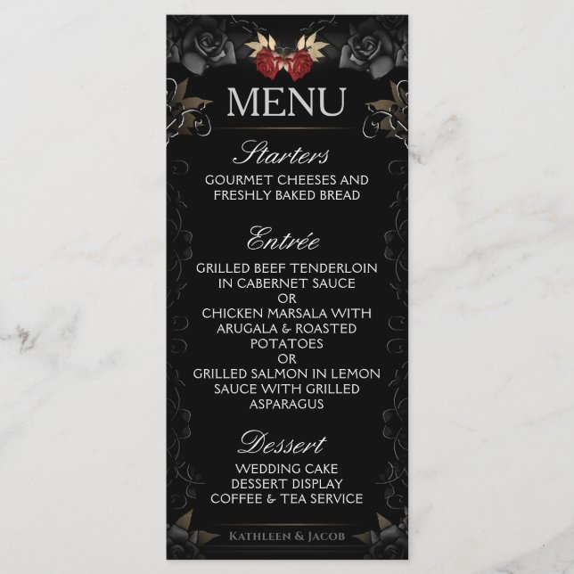 Menu de Casamento de Rosa Negra Elegante Halloween (Frente)