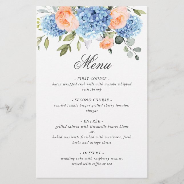 Menu de Casamento de Rosas Blush Azuis Hydrangea P (Frente)