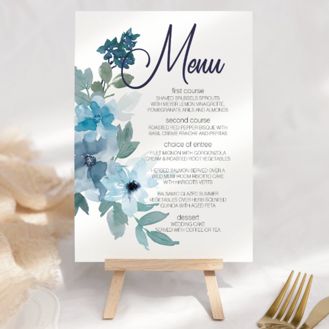 Menu de Casamento de Rosas de Aquarela Azul de Pas (Criador carregado)