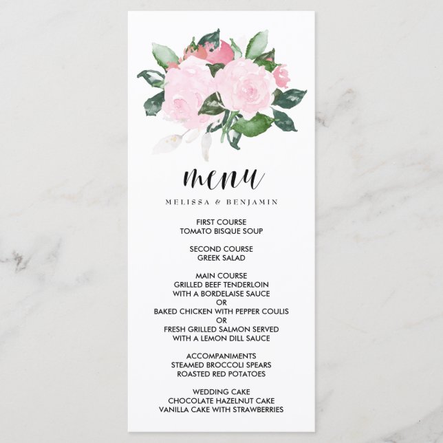 Menu de Casamento de Rosas de Aquarela Rosa-doce (Frente)