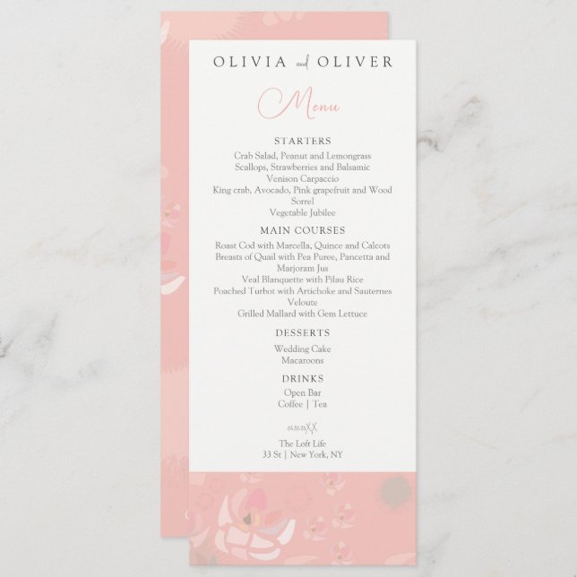 Menu de Casamento de Rosas de chá de suavidade (Frente/Verso)