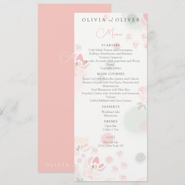 Menu de Casamento de Rosas de chá de suavidade (Frente/Verso)