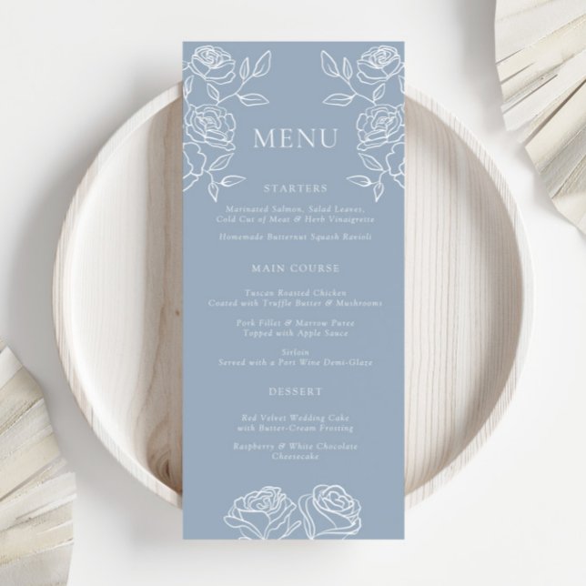 Menu de Casamento de Rosas Franceses Azuis Moderno (Criador carregado)