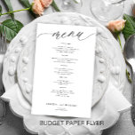 Menu de casamento de roteiro branco romântico de o<br><div class="desc">Simples lema de caligrafia negra minimalista com script de caligrafia preto texto personalizado modelo barato do menu de casamento do BUDGET. LEIA ISSO ANTES DE COMPRAR! Este é um programa de orçamento barato impresso no PAPER FLYER (tipo de publicidade). , OBSERVEM que as cores de fundo e de script são...</div>