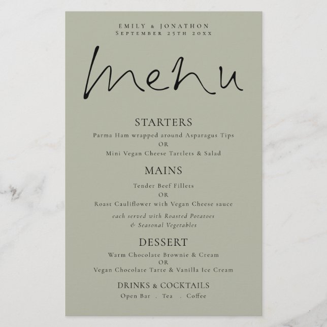 Menu de Casamento de Sage Suave do Script Elegante (Frente)