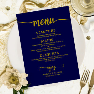 Menu de Casamento de Script Azul do Marinho Dourad