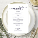 Menu de Casamento de Script Azul do Marinho Elegan<br><div class="desc">Um simples cartão de casamento de caligrafia. Eu ofereço um serviço de personalização gratuito; se você tiver perguntas ou solicitações especiais,  por favor,  sinta-se à vontade para me contactar.</div>