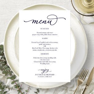 Menu de Casamento de Script Azul do Marinho Elegan