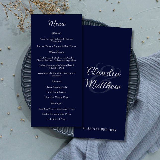 Menu de Casamento de Script Azul e Silver do Marin (Elegant Navy Blue & Silver Script Wedding Menu)