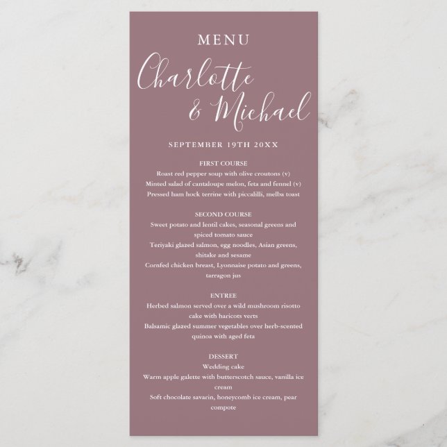 Menu de Casamento de Script de Assinatura Mauve El (Frente)