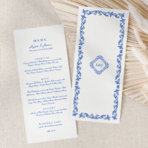 Menu de Casamento de Script de Chinoiserie Azul El