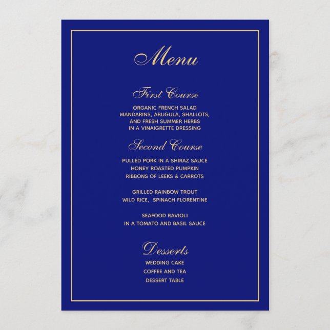 Menu de Casamento de Script Dourado Azul Elegante (Frente)