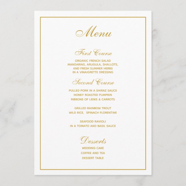 Menu de Casamento de Script Dourado Branco Elegant (Frente)