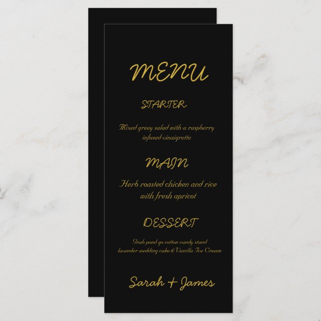 Menu de Casamento de Script Dourado e Preto Modern (Frente/Verso)