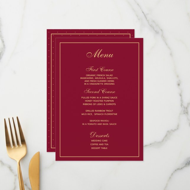 Menu de Casamento de Script Dourado na moda Burgun (Frente/Verso In Situ)