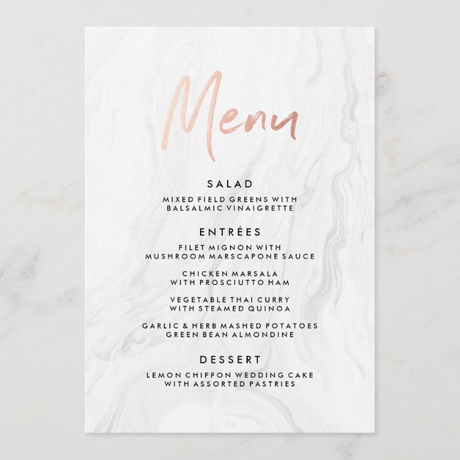 Menu de Casamento de Script Dourado Rosa do Mármor (Frente)