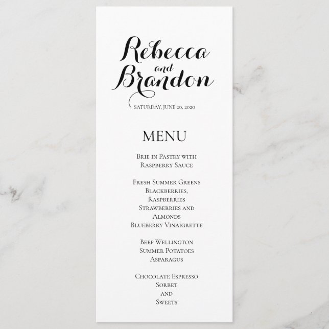 Menu de Casamento de Script Elegante Branco Branco (Frente)