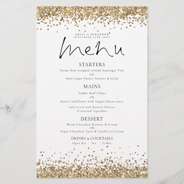 Menu de Casamento de Script Glitter Dourado do PAP (Frente)