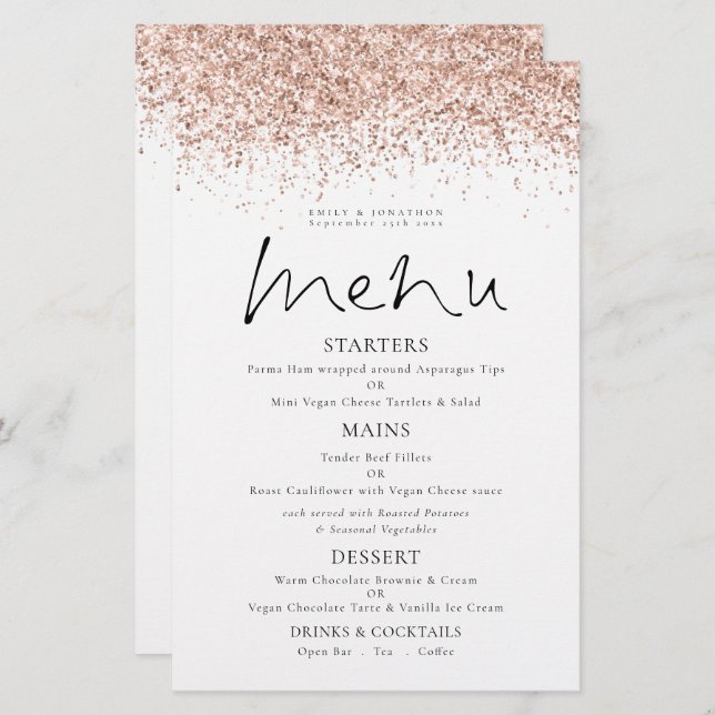 Menu de Casamento de Script Glitter Dourado do Ros (Frente/Verso)