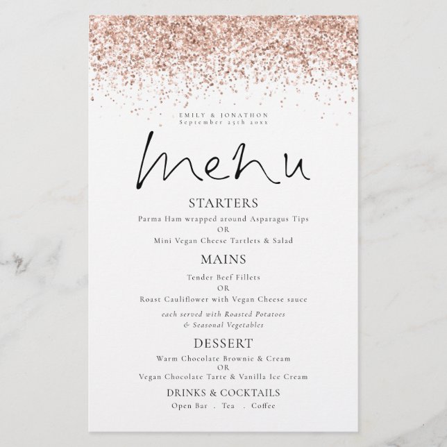 Menu de Casamento de Script Glitter Dourado Rosa d (Frente)
