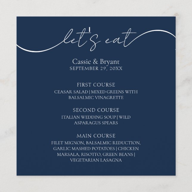 Menu de Casamento de Script Moderno Azul de Marinh (Frente)