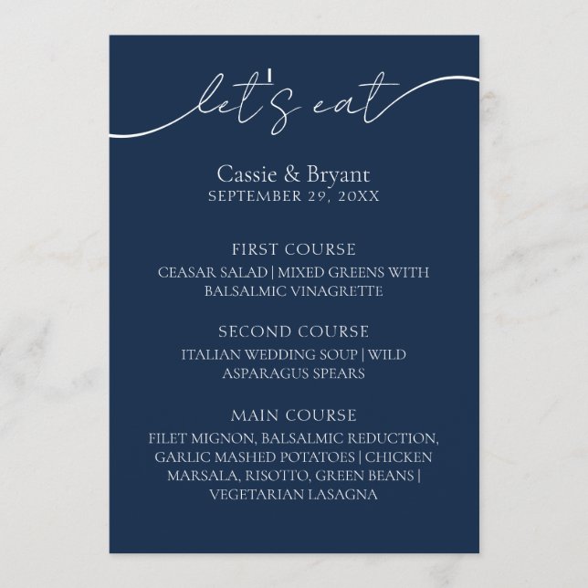 Menu de Casamento de Script Moderno Azul-Marinho E (Frente)