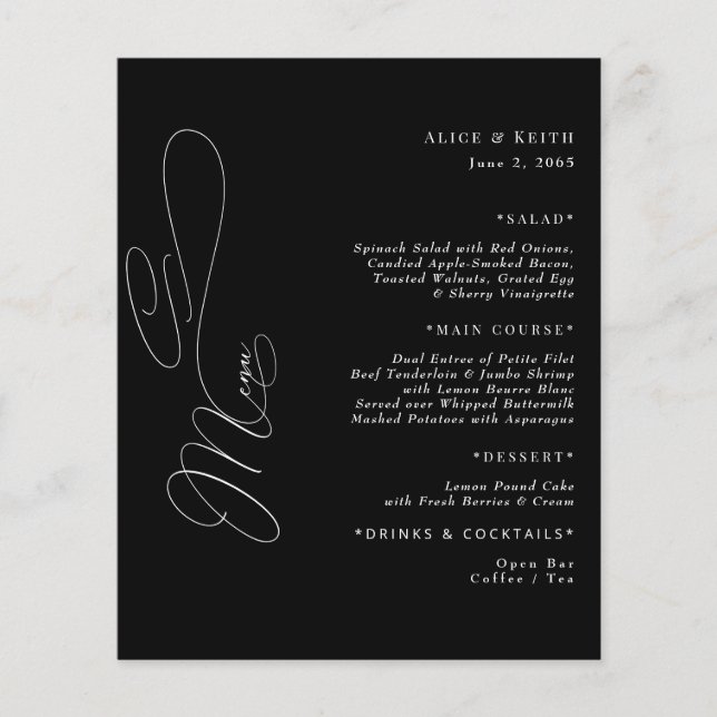 Menu de Casamento de Script Preto e Branco Elegant (Frente)