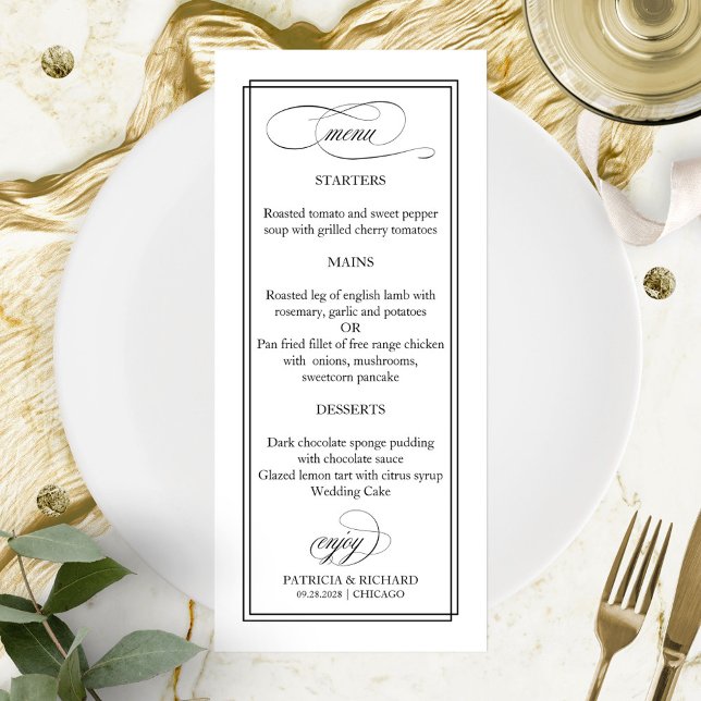 Menu de Casamento de Script Preto Elegante 4x9 (Criador carregado)