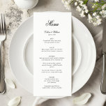 Menu de Casamento de Script Tradicional Simples El<br><div class="desc">Elevem a sofisticação de sua recepção de casamento com nosso Menu de Casamento de Script Elegante Preto e Branco. Este design eterno apresenta uma fonte luxuosa de script preto que flui graciosamente sobre um fundo branco pristine,  criando uma estética clássica,  mas moderna.</div>