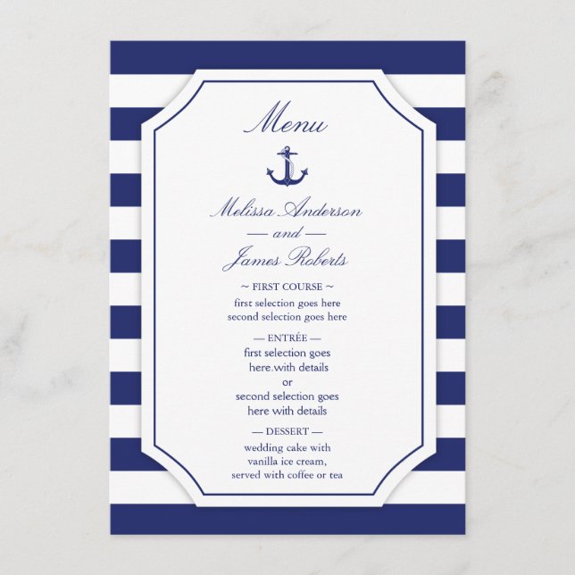 Menu de Casamento de Stripe Azul com Marinho Ancor (Frente)