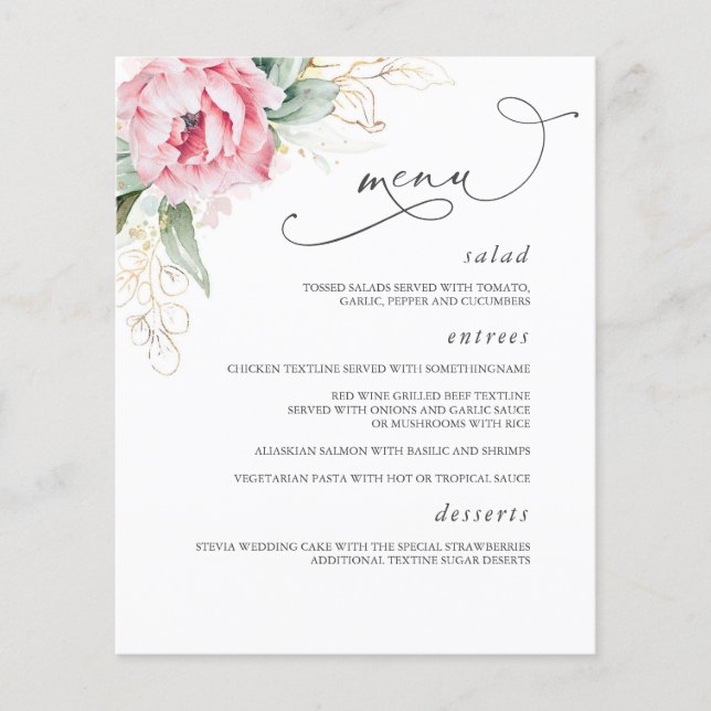 Menu de Casamento de Suculentes e Flores Rosa Eleg (Frente)
