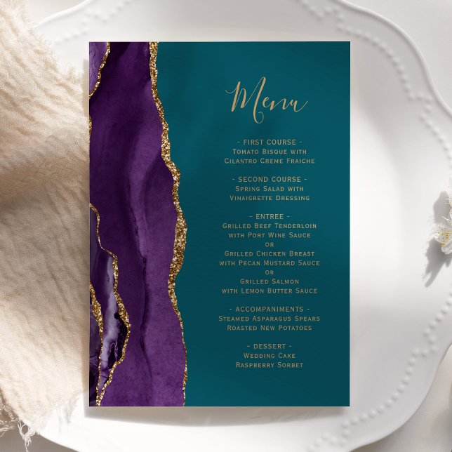 Menu de Casamento de Teal Agate Dourado Elegante (Criador carregado)