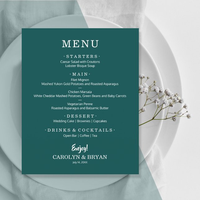Menu de Casamento de Teal Escuro Simples (Criador carregado)