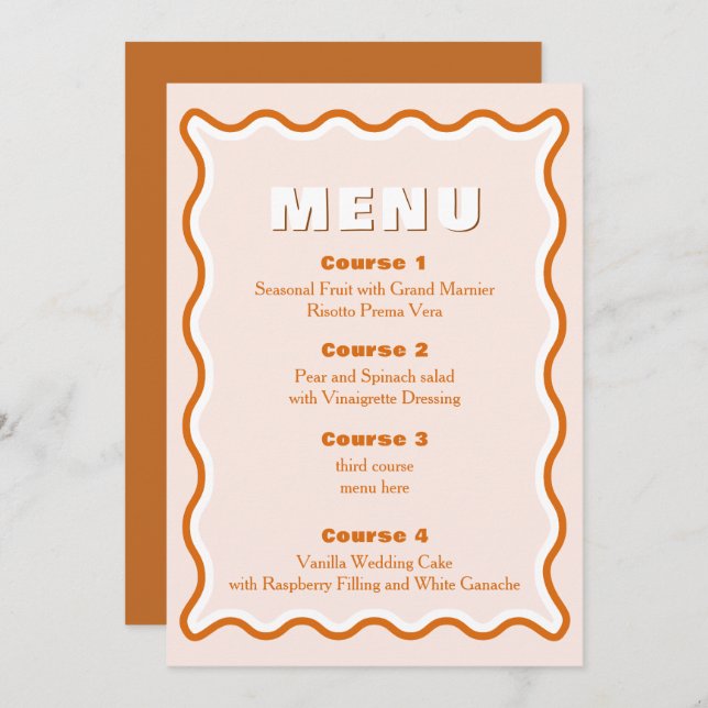 Menu de Casamento de Terracotta com Onda Retrovers (Frente/Verso)