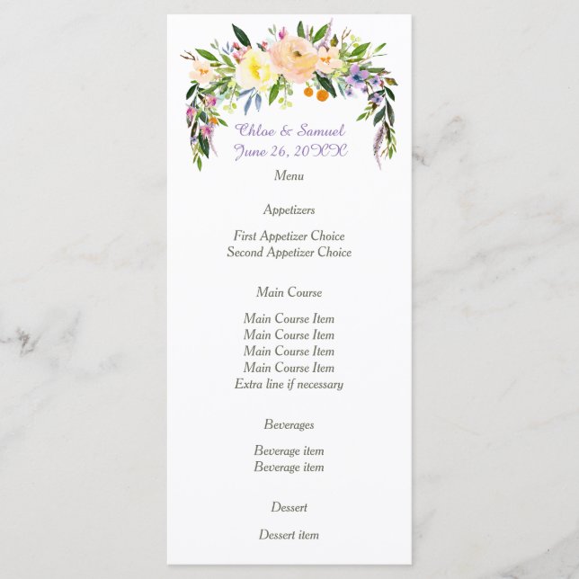 Menu de Casamento de Wreath Floral da Watercolor (Frente)