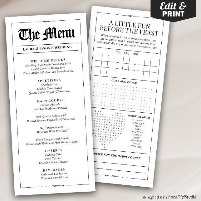 Menu de Casamento Divertido com Jornal de Jogos de (Fun Wedding Menu with Wedding Games Newspaper, Black and White Menu for Wedding)