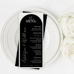 Menu de Casamento do Arco Branco e Preto Moderno<br><div class="desc">Este moderno Menu de Casamento Negro e Branco é perfeito para mostrar opções de refeições no seu dia especial. Edite usando a ferramenta design para opções de cores sem fim.</div>
