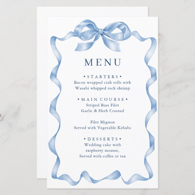 Menu de Casamento do Arco Desenho da Mão Azul Eleg (Frente/Verso)