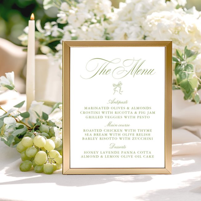Menu de Casamento do Arco Verde e Branco do Sage C (Classic Sage Green & White Bow Wedding Menu)