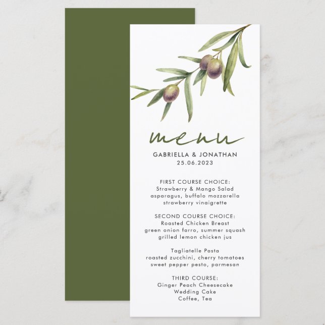 Menu de Casamento do Branch de Olive Branch de Cor (Frente/Verso)