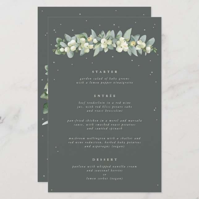 Menu de Casamento do Curso Verde Snowberry+Eucalyp (Frente/Verso)