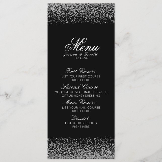 Menu de Casamento do Diamante Branco e Preto Elega (Frente)