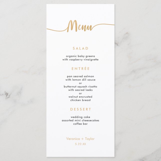 Menu de casamento do Dourado Simple 3 cursos (Frente)